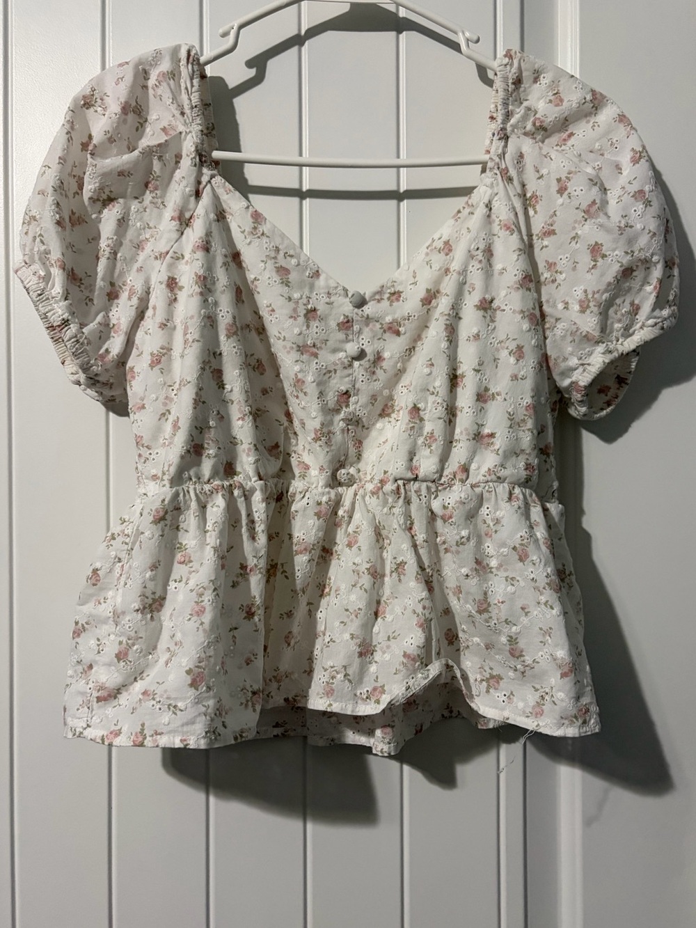 White Floral Puff-Sleeve Peplum Top - White with Pink Floral
